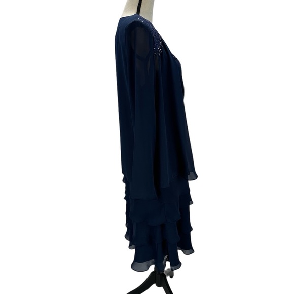 SLNY Sleeveless Tiered Midi Dress Sheer Long Sleeve Jacket - Navy Blue - size 12 - Picture 5 of 12